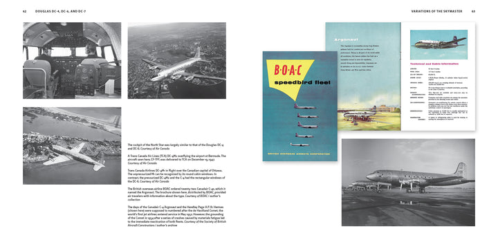 A two-page book spread from Schiffer Publishing, Ltd. features black-and-white and color photos, cockpit views, brochures, and text about the Douglas DC-4, DC-6, and DC-7 commercial airliners.