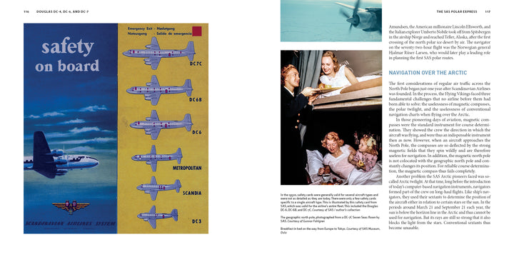 A vintage safety card from Schiffer Publishing, Ltd. showcases Douglas DC-4, DC-6, and DC-7 airliners with illustrations of smiling women in an airplane sleeping berth and text about navigating over the Arctic.
