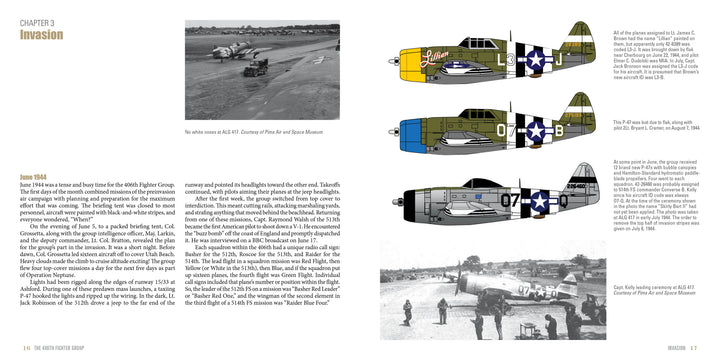 A historical page presents WWII 406th Fighter Group aircraft, featuring unique markings, period nose art, and black-and-white photos of planes and pilots in Europe, with detailed text. Published by Schiffer Publishing, Ltd.