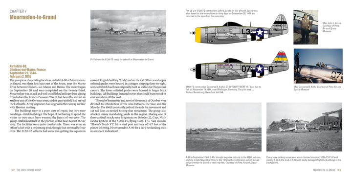 A two-page spread in "The 406th Fighter Group" by Schiffer Publishing, Ltd. features text on Mourmelon-le-Grand, France, several black-and-white photos of 406th P-47 Thunderbolts, two color side profiles, and detailed captions.