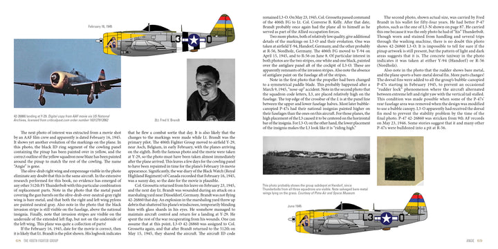 A magazine spread on "The 406th Fighter Group" by Schiffer Publishing, Ltd. features color WWII P-47 Thunderbolt art, a B&W pilot portrait, vintage European airfield photos, and articles about the aircraft and pilots.