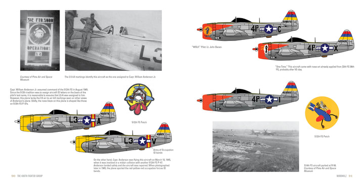 A scrapbook page from "The 406th Fighter Group" by Schiffer Publishing, Ltd. displays WWII black-and-white photos, colorful P-47 Thunderbolt illustrations with bright tails, badges, and captions about the planes, pilots, and their European missions.
