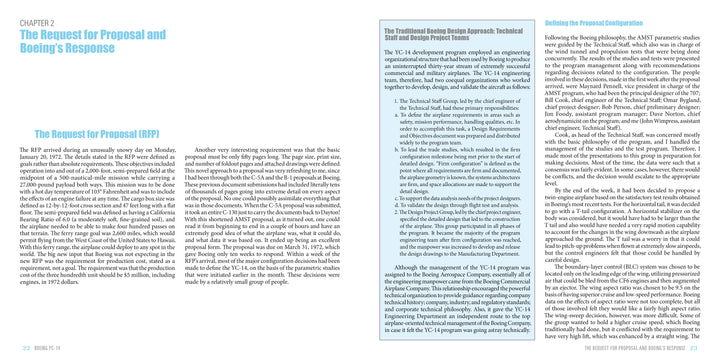 A Schiffer Publishing, Ltd. book page features three columns with section headers “The Request for Proposal and Boeing’s Response,” “The Request for Proposal (RFP),” plus sidebars on the Boeing YC-14 aircraft design and proposal configuration.