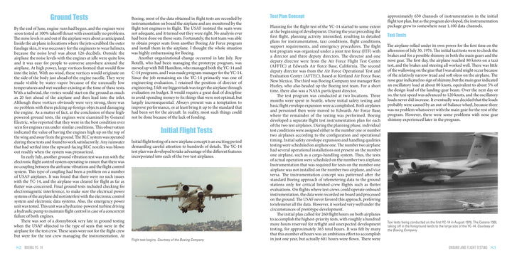 A two-page spread from Schiffer Publishing, Ltd. showcases the Boeing YC-14’s ground and flight tests, with text on design innovations, a color jet landing photo, a black-and-white YC-14 takeoff image, and blue section headers.