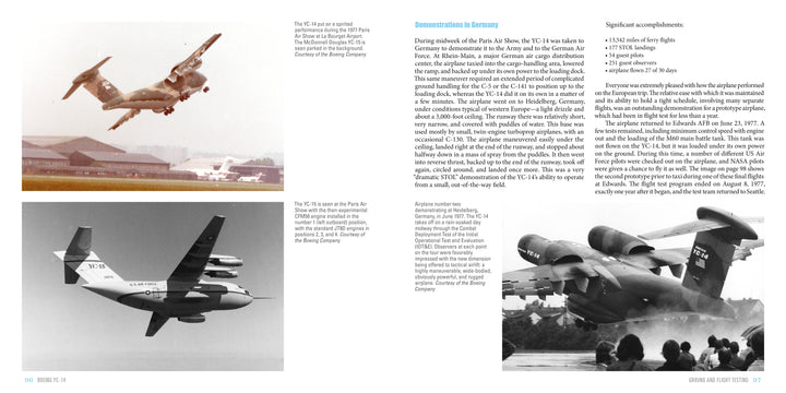 A two-page spread from Schiffer Publishing, Ltd. shows three black-and-white photos of the Boeing YC-14 in flight and on the runway, with detailed text about its German demonstration, innovative design, and key achievements.