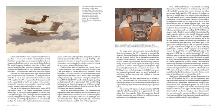 A vintage photo of two Boeing YC-14 jets flying close above the clouds and a cockpit shot with smiling pilots appear in a text-rich, magazine-style layout by Schiffer Publishing, Ltd.