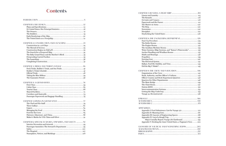 A two-page table of contents from "SS United States" by Schiffer Publishing, Ltd., listing chapters and sections on seamanship, sailing, knots, rigging, equipment, navigation, and transatlantic records with page numbers.