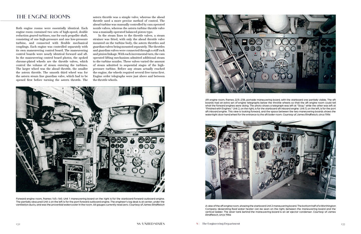 A Schiffer Publishing, Ltd. magazine spread showcases black-and-white images of intricate SS United States engine rooms—packed with pipes and control panels—alongside text on ocean liner history and engineering.