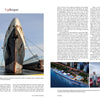 A two-page magazine spread by Schiffer Publishing, Ltd. features SS United States: the left page displays the rusted ship docked head-on; the right showcases its ocean liner legacy, a cruise ship render, and visitors at a modern museum exhibit.