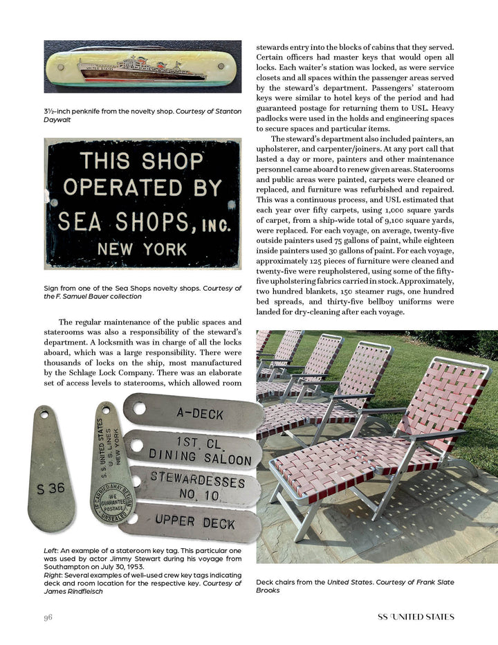 A Schiffer Publishing, Ltd. magazine page displays vintage photos of metal key tags, a novelty shop sign, and deck chairs, highlighting steward memorabilia and the SS United States’ place in ocean liner history.