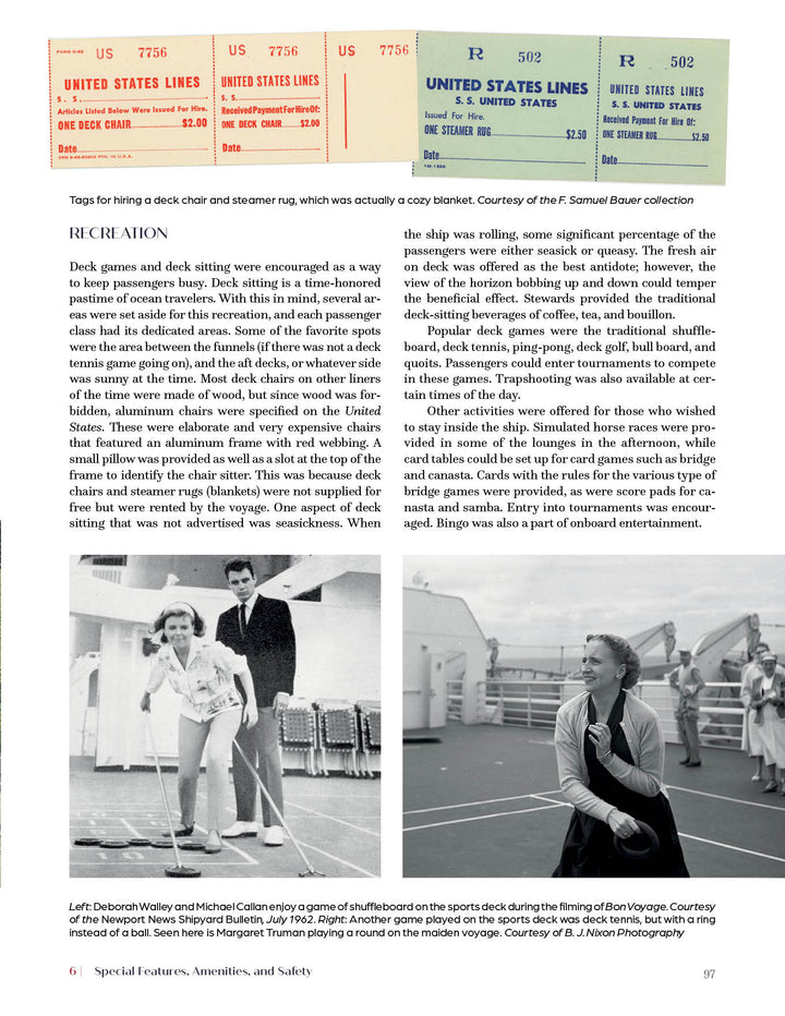 A magazine page for SS United States by Schiffer Publishing, Ltd. features vintage deck chair and steamer rug tags at the top, two columns of text on shipboard recreation and liner history, and a small deck chair photo at the bottom right.