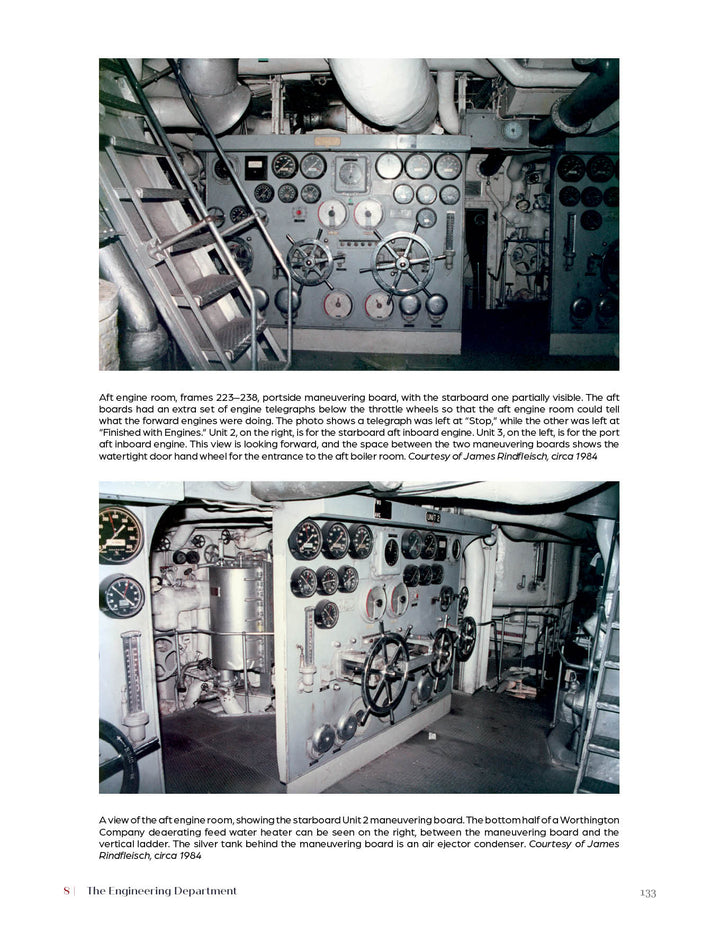 Two vintage photos depict SS United States engine room controls—an ocean liner icon. The upper photo shows dials and gauges; the lower features more controls and labeled equipment. Published by Schiffer Publishing, Ltd.