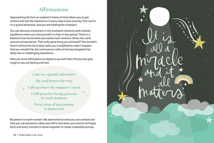 The Field Guide to the Soul by Schiffer Publishing, Ltd. features a two-page spread with affirmations and advice for self-reflection, plus the phrase "It is all a miracle" amid whimsical clouds, stars, and a rainbow on a dark sky.