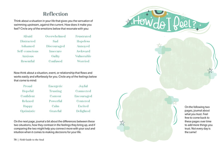 The Field Guide to the Soul workbook page by Schiffer Publishing, Ltd. lists feelings like afraid, excited, and hopeful, offers journaling prompts, features space for writing, and includes a decorative illustration at the top.
