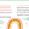 A spread from Field Guide to the Soul by Schiffer Publishing, Ltd. shows a pastel rainbow with clouds on the left page and floating stars on the right, set against a cream background with text inspired by affirmation cards.