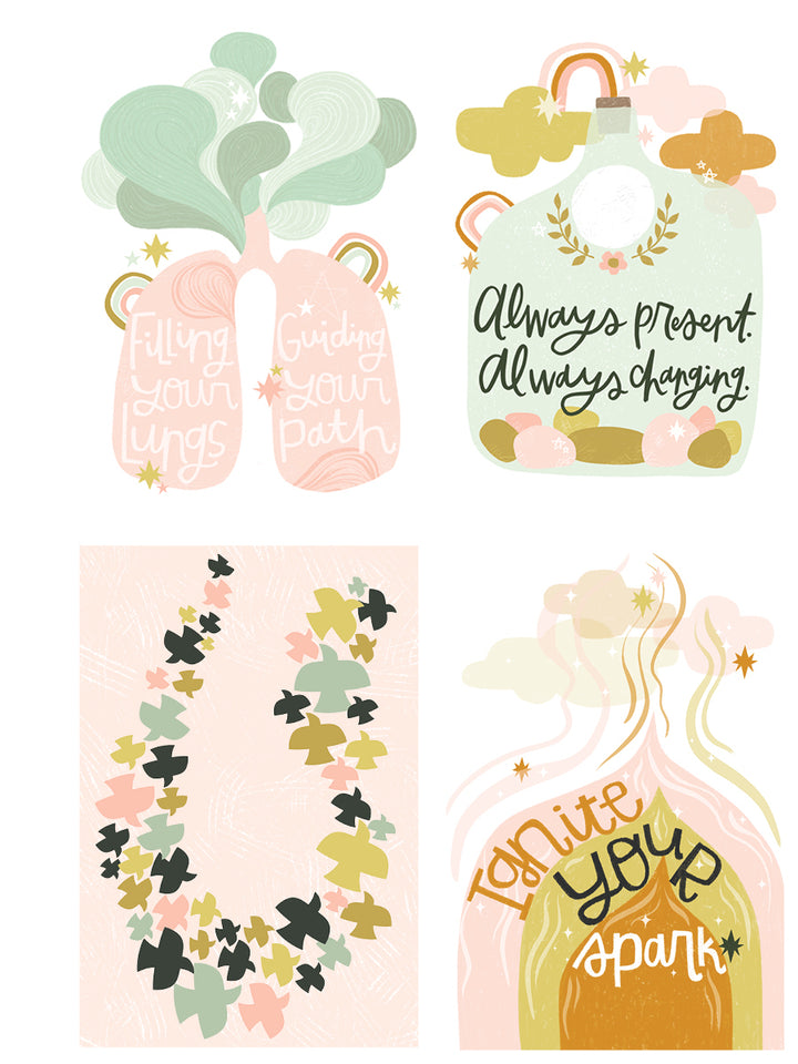 Field Guide to the Soul by Schiffer Publishing, Ltd. features four pastel illustrations—lungs, jug, leaves, and bottle—with uplifting affirmations. Ideal as cards for mindful meditation and positivity practices.