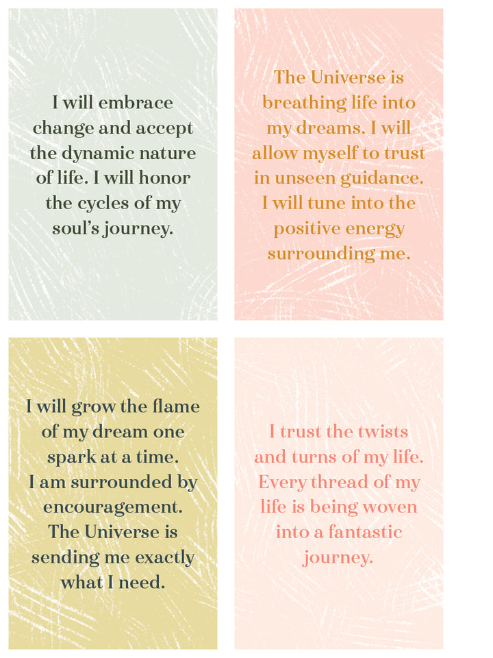 Field Guide to the Soul by Schiffer Publishing, Ltd. features four pastel affirmation cards with mindful meditations and uplifting messages—embracing change, trusting the universe, seeking guidance, and finding encouragement.