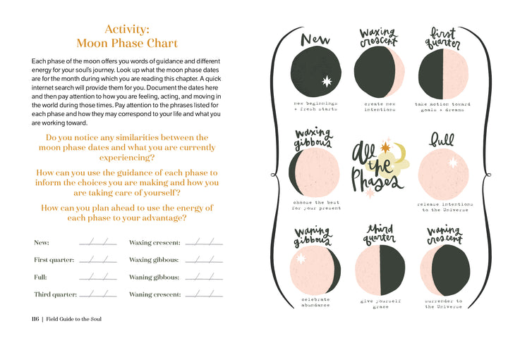 The chart in Field Guide to the Soul (Schiffer Publishing, Ltd.) shows eight moon phases, each paired with mindful meditations and reflective prompts adapted from a manifestation guidebook.