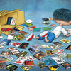 A blue-haired boy reads on the floor, surrounded by scattered comics and an open box marked NOT TRASH!! Nearby is "I Hate Picture Books!: 10th Anniversary Edition" from Schiffer Publishing, Ltd., in a playful children's scene on a blue surface.