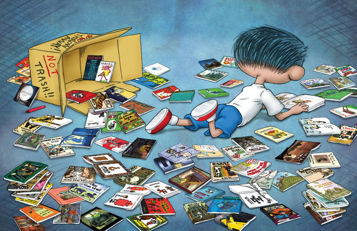A blue-haired boy reads on the floor, surrounded by scattered comics and an open box marked NOT TRASH!! Nearby is "I Hate Picture Books!: 10th Anniversary Edition" from Schiffer Publishing, Ltd., in a playful children's scene on a blue surface.