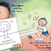 A boy holds "I Hate Picture Books!: 10th Anniversary Edition" by Schiffer Publishing, Ltd., showing a crayon drawing of a tree. Behind him, wall drawings and scattered toys create a scene just like in humorous children's books.