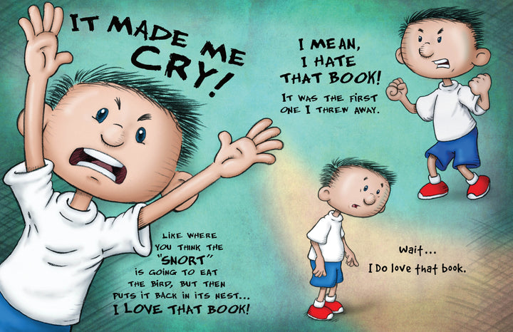 A cartoon boy in a white shirt and red shorts, looking upset, shouts “It made me cry!” and later admits he both hated and loved I Hate Picture Books!: 10th Anniversary Edition by Schiffer Publishing, Ltd., with expressive faces and handwritten text around him.