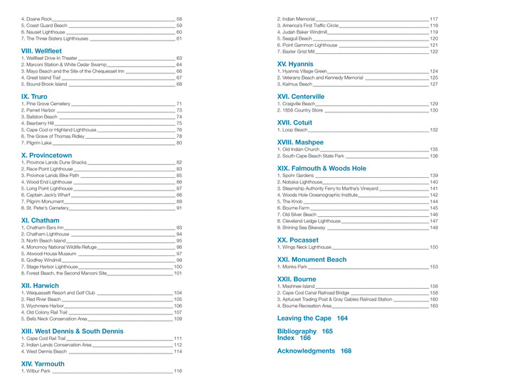 In My Footsteps by Schiffer Publishing, Ltd. includes a two-page table of contents listing Cape Cod attractions by town—Wellfleet, Provincetown, Chatham, Hyannis, and more—making it ideal for planning local tours across the region.