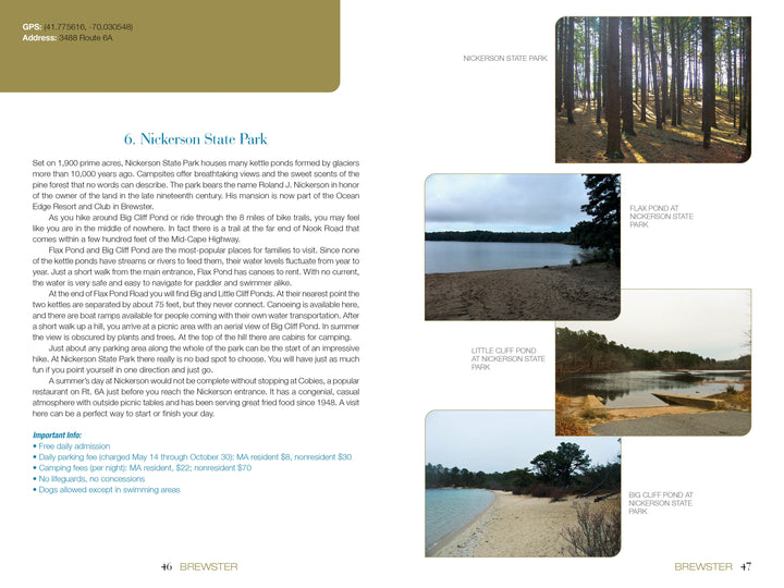 A page in "In My Footsteps" by Schiffer Publishing, Ltd. spotlights Nickerson State Park with photos, lake views, a sandy beach, pine trees, GPS coordinates, address, site details, and visitor info.