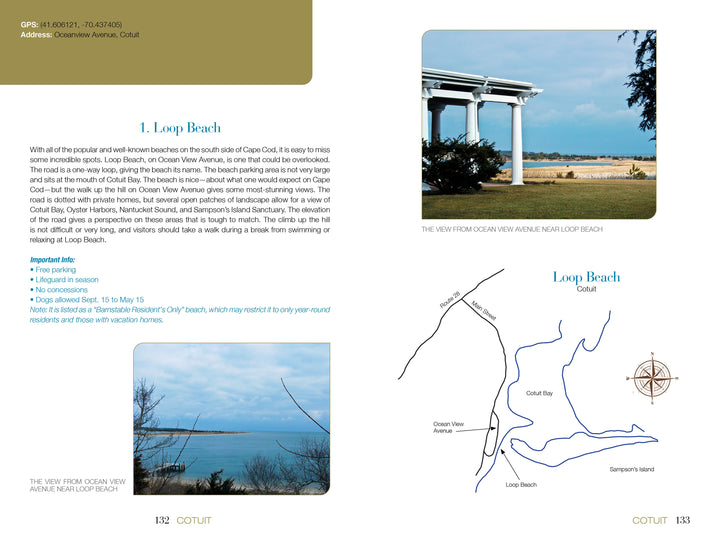 A guidebook spread from "In My Footsteps" by Schiffer Publishing, Ltd. highlights Loop Beach in Cotuit, MA with photos of a gazebo, dunes, and water, plus informative text and a detailed map of this top Cape Cod attraction.