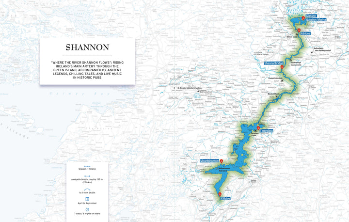 A map highlights the Shannon River route in Ireland, marking towns along this iconic waterway with blue markers and a green-blue river path. A left text box details the river’s scenic and cultural value. Product: River Cruises by Schiffer Publishing, Ltd.