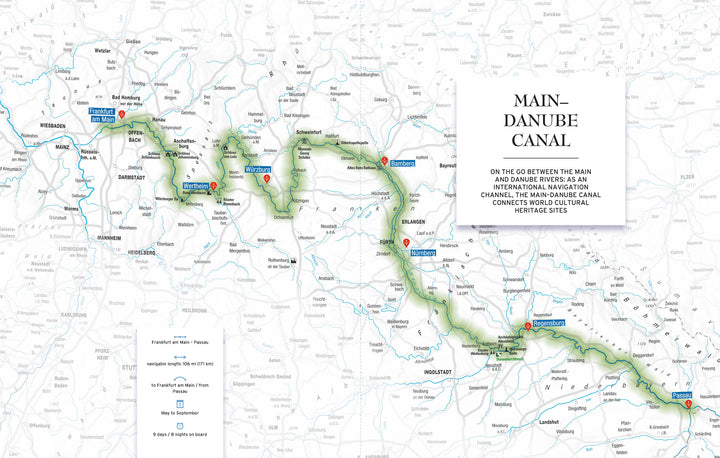 Map displaying the River Cruises route along the Main-Danube Canal in Germany by Schiffer Publishing, Ltd., highlighting Bamberg, Nuremberg, and Regensburg with a green path and a description box on the right.