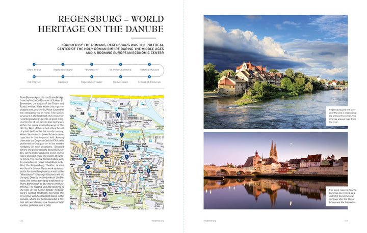 A two-page spread in Schiffer Publishing, Ltd.'s "River Cruises" highlights Regensburg, Germany with a city map, timeline, summary, and photos of colorful Danube buildings and illuminated landmarks at sunset.