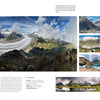 A captivating panorama from "The Wild Alps" by Schiffer Publishing, Ltd. showcases the Great Aletsch Glacier, rugged Bernese Alps, clear skies, and hikers—ideal imagery for any Alps photography photo book.
