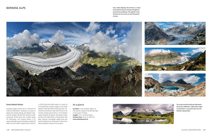 A captivating panorama from "The Wild Alps" by Schiffer Publishing, Ltd. showcases the Great Aletsch Glacier, rugged Bernese Alps, clear skies, and hikers—ideal imagery for any Alps photography photo book.