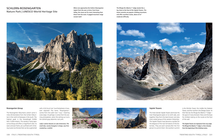 A spread from "The Wild Alps" by Schiffer Publishing, Ltd. showcases breathtaking images of Schlern-Rosengarten Nature Park: jagged peaks, alpine lakes, rocky slopes, and wildflower meadows, with descriptive text and captions.