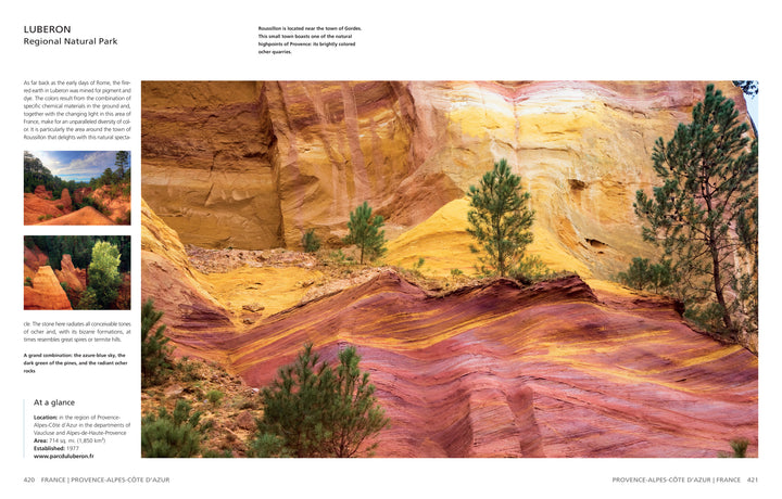 The Wild Alps from Schiffer Publishing, Ltd. displays a striking landscape: ochre cliffs in red, orange, and yellow with green pines under a bright sky. Text and smaller images are arranged on the left side of the page.