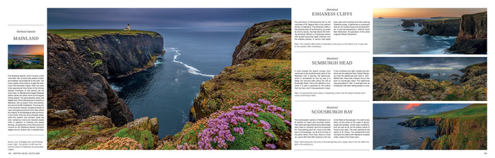 A scenic magazine spread from "The Wild Atlantic" by Schiffer Publishing, Ltd. features dramatic western European sea cliffs, rocky shores, and a lighthouse on a grassy headland with wildflowers under moody sunrise and sunset skies in Mainland, Scotland.