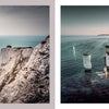 A magazine spread from Schiffer Publishing, Ltd.'s "The Wild Atlantic" features stunning photos of the Isle of Wight and Isle of Purbeck’s dramatic chalk cliffs, sea stacks, and blue waters, with descriptive text on these western European coasts.