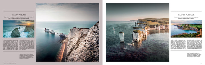 A magazine spread from Schiffer Publishing, Ltd.'s "The Wild Atlantic" features stunning photos of the Isle of Wight and Isle of Purbeck’s dramatic chalk cliffs, sea stacks, and blue waters, with descriptive text on these western European coasts.