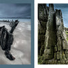 Two pages from "The Wild Atlantic" by Schiffer Publishing, Ltd. depict dramatic scenes on Europe’s coast: a shipwreck on a sandy beach under cloudy skies and towering cliffs above the Atlantic, both with descriptive text.