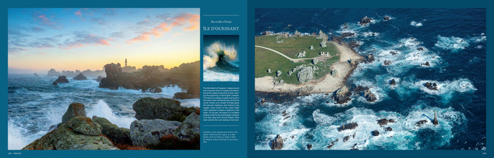 Experience “The Wild Atlantic” by Schiffer Publishing, Ltd.: dramatic western European coasts, sunset-lit lighthouses on rugged rocks, and aerial views of green islands amid the Atlantic’s vivid blue waves and craggy outcrops.