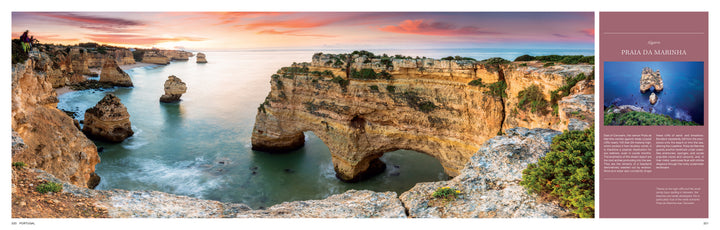 A panoramic view of Praia da Marinha, Portugal, with limestone cliffs and clear turquoise water at sunset, is featured in "The Wild Atlantic" by Schiffer Publishing, Ltd. The location description appears on the right.