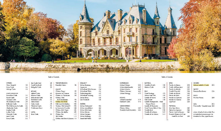 The image for "At Home with Royalty" by Schiffer Publishing, Ltd. shows a grand castle hotel with towers by a reflective waterway, surrounded by autumn trees beneath a blue sky, with a menu list displayed at the bottom.