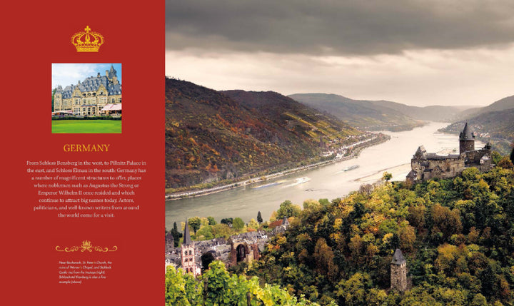 A scenic view of a river winding through hills with castle hotels in Germany. On the left, a red panel displays text about "At Home with Royalty" by Schiffer Publishing, Ltd., topped with an ornate gold crown above a castle photo.