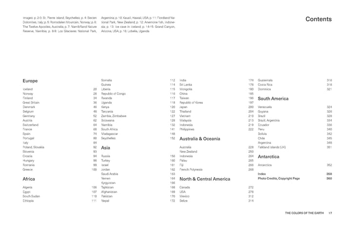 The Colors of the Earth by Schiffer Publishing, Ltd. features a table of contents listing countries by continent with page numbers, inspired by natural scenery across Europe, Africa, Asia, Oceania, the Americas, and Antarctica.