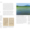 A two-page spread from "Counted Sashiko Embroidery" by Schiffer Publishing, Ltd. features text, maps, sketches, and photos of rice fields and mountains, exploring sashiko traditions like hishizashi in Japan’s Tamba and Nara regions.