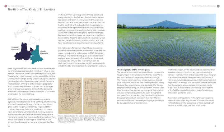 A two-page spread from "Counted Sashiko Embroidery" by Schiffer Publishing, Ltd. features text, maps, sketches, and photos of rice fields and mountains, exploring sashiko traditions like hishizashi in Japan’s Tamba and Nara regions.