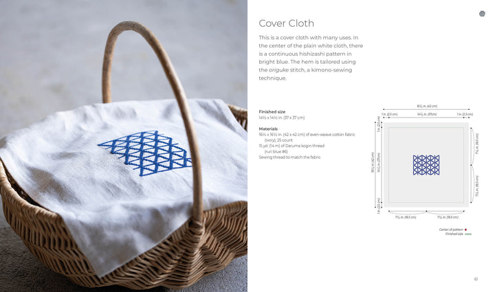 A wicker basket holds Schiffer Publishing, Ltd.'s Counted Sashiko Embroidery—a white cloth with a blue geometric hishizashi-inspired pattern. Nearby, a diagram shows the cloth's dimensions, pattern placement, and details about the cover cloth.