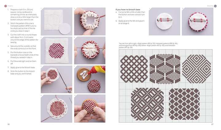 Counted Sashiko Embroidery by Schiffer Publishing, Ltd. offers a step-by-step photo guide for making a circular brooch with a red geometric hishizashi pattern, plus cross-stitch and sashiko assembly instructions.