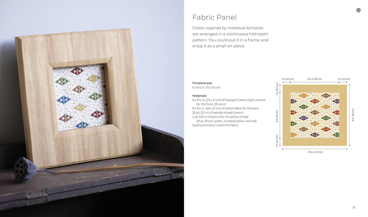 The Counted Sashiko Embroidery kit by Schiffer Publishing, Ltd. features a wooden frame with a square panel displaying colorful geometric sashiko motifs, set on a dark table near thread, with instructions and pattern diagram shown on the right.